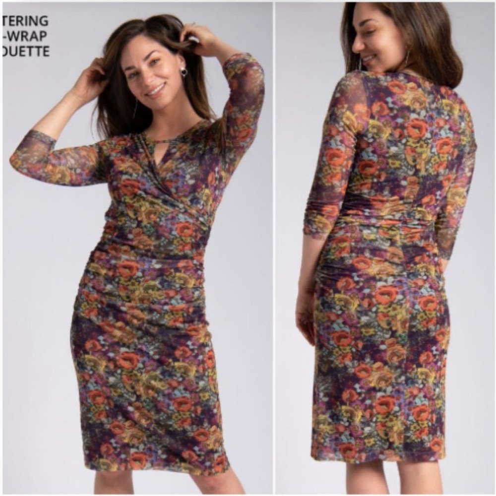 Betabrand Wanderlite Travel Floral Ruched Midi Dress
